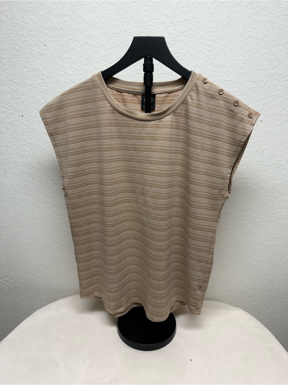 bobeau Beige Striped Button-Shoulder Tank Top